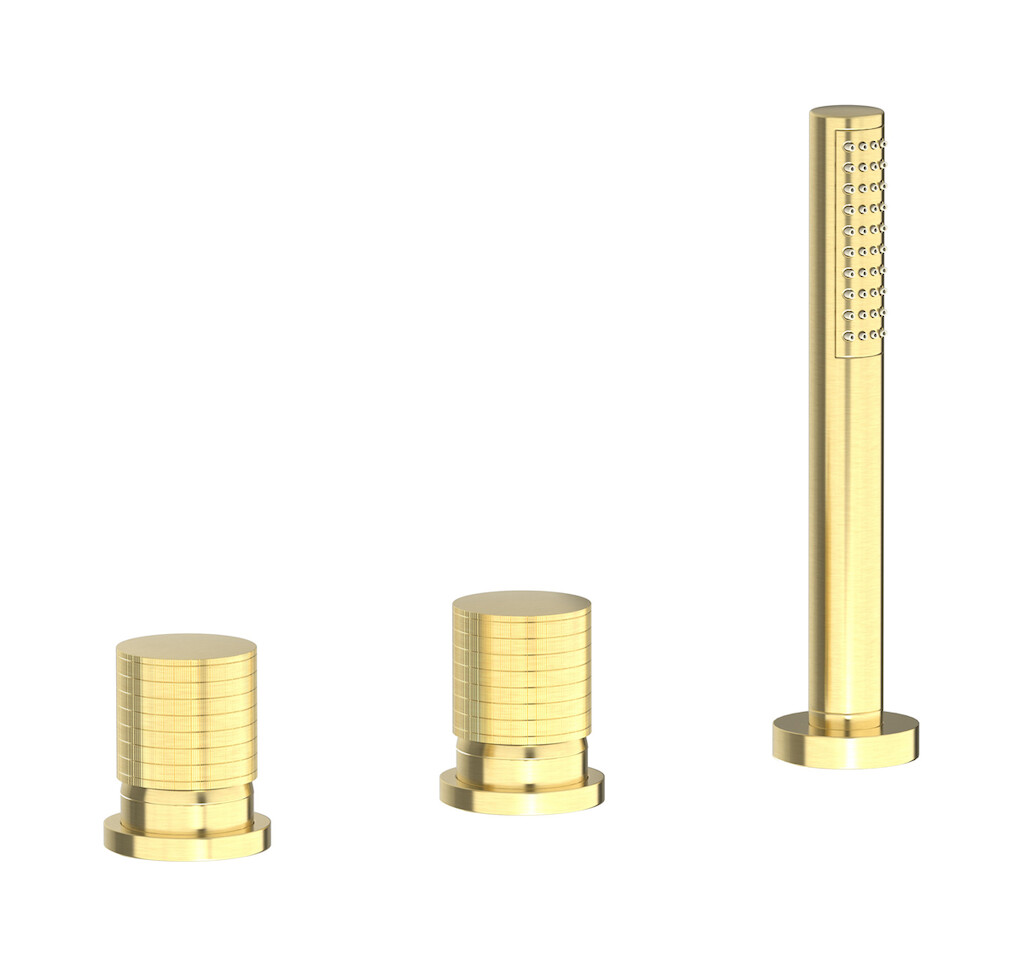 Смеситель на бортик ванной на 3 отверстия с изливом, дивертером и душевым гарнитуром. WE ARE IB ga397is Brushed Pale Gold Gatsby