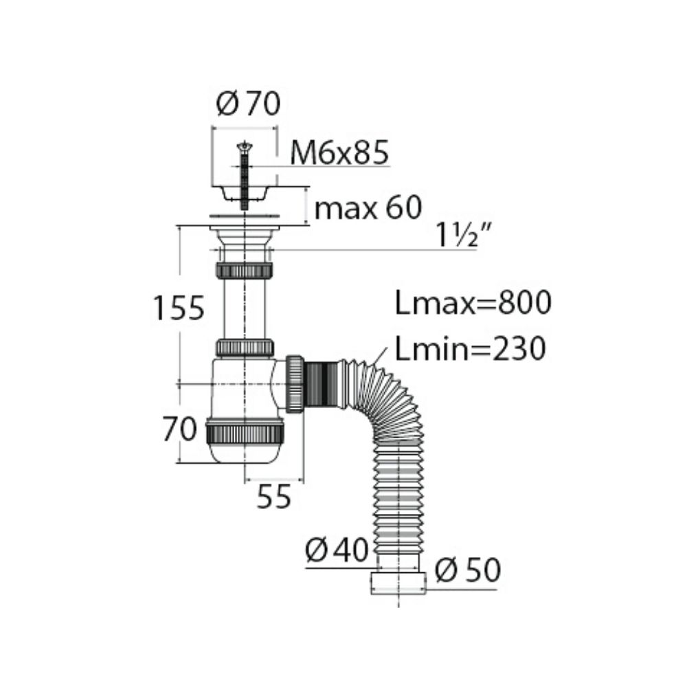 Сифон "МИНИ Элит" (30986760)  с нерж. чашкой д.70мм и гофротрубой (1 1/2"- д.40/50) 30986760 Santreyd  - Вид №1