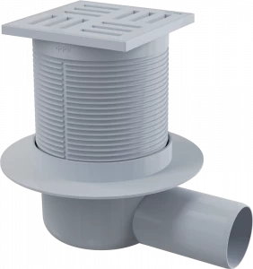 Сливной трап 105×105/50 мм боковой сток, решетка серая, гидрозатвор мокрый