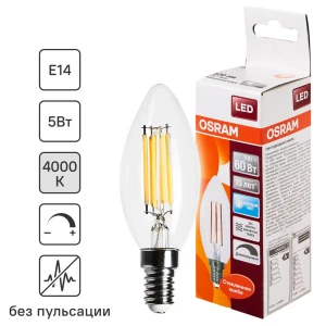 Лампа светодиодная филаментная Osram E14 220 В 5 Вт свеча прозрачная 520 лм белый свет, для диммера