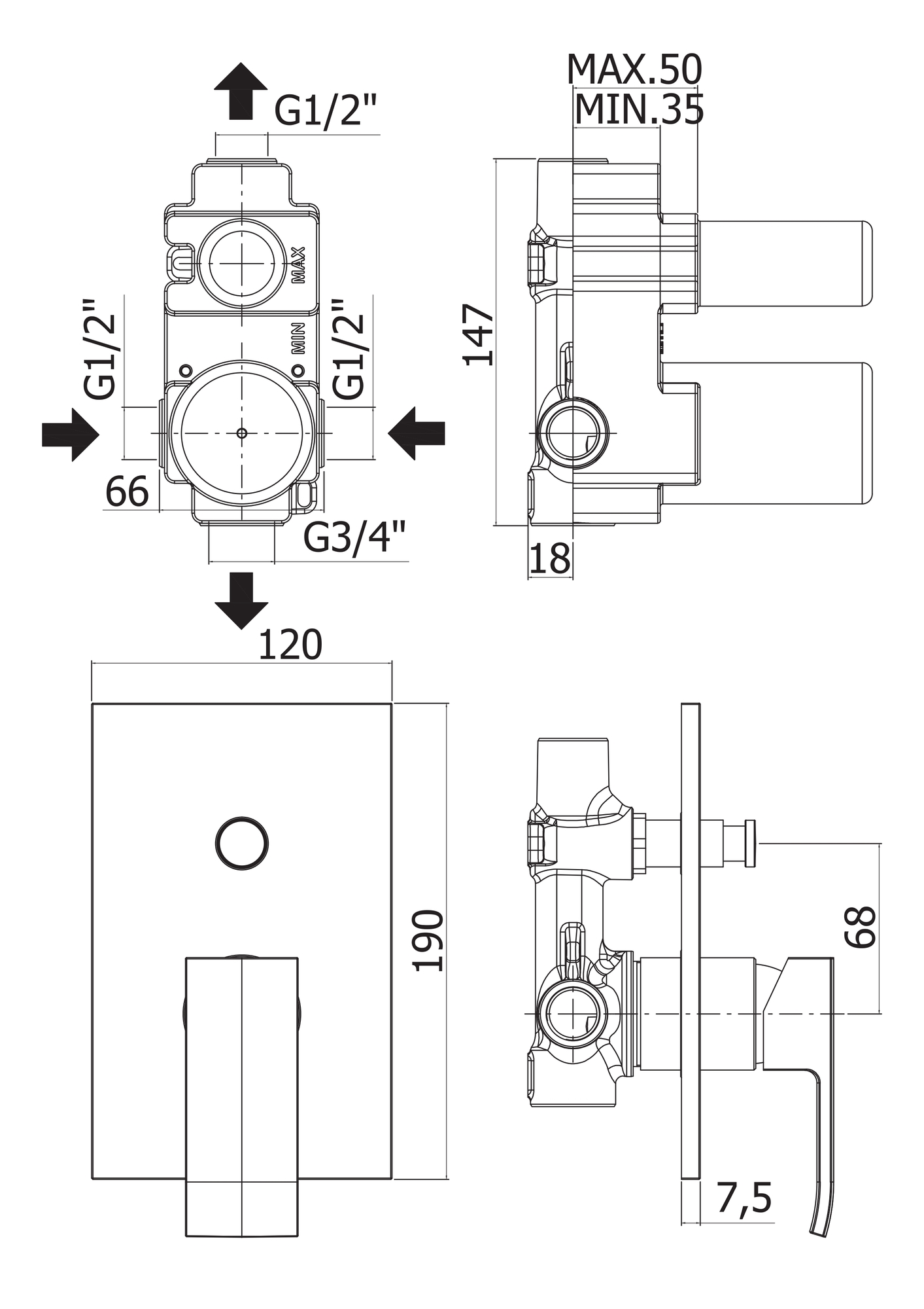 Встраиваемый однорычажный смеситель для душа с переключателем CEZARES EFFECT-VDIM-01 - Вид №1