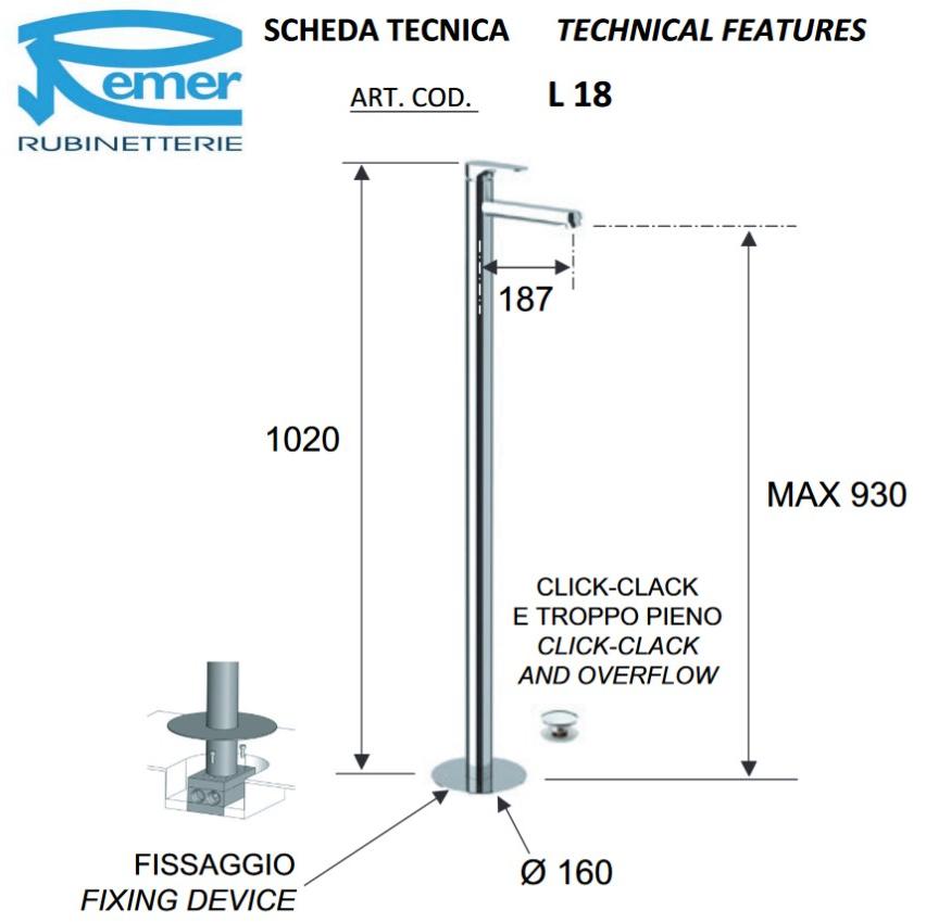 Remer Rubinetterie Смеситель для умывальника, однорычажный, напольный Class line L18 - Вид №1
