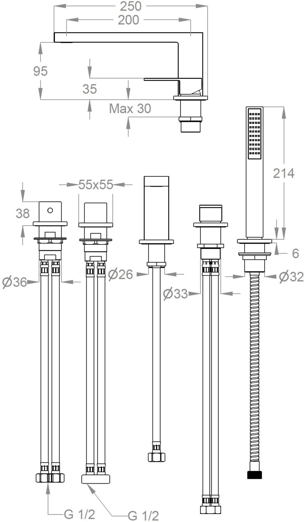 Fir Italia Комплект для ванны из латуни, 5 отверстий, с переключателем и ручным душем New playone 90 9031404 - Вид №2
