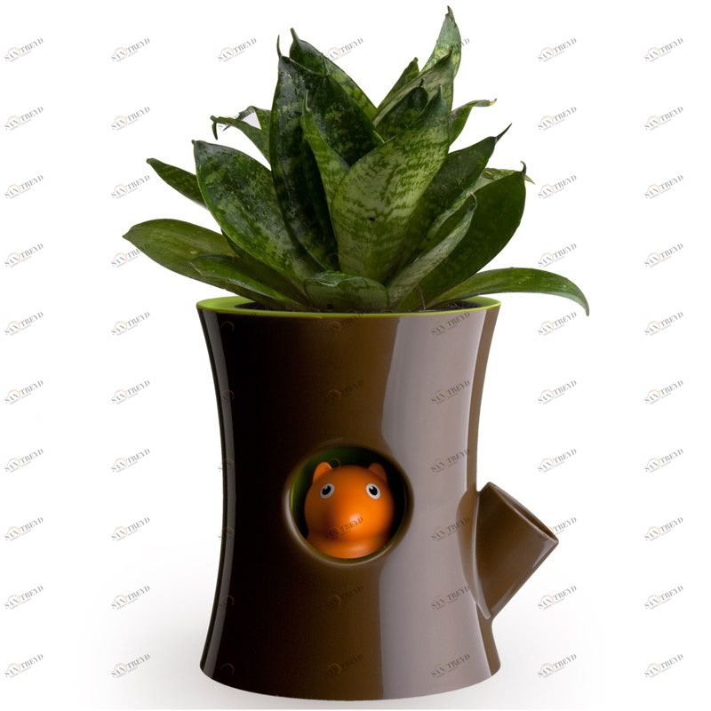 Горшок самополивающийся Log&Squirrel коричневый-зеленый Qualy QL10075BNGN