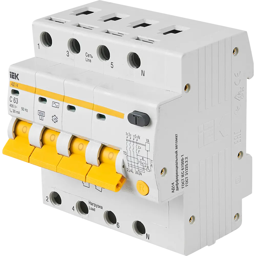 Дифференциальный автомат IEK АД14 4P 63А с защитой от токов утечки 12461525 STLM-1472080