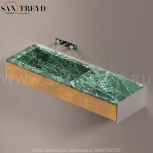 Agape DR Раковина столешница 160 см, с 2-мя выдвижными ящиками. Отделка: хромированный сатин, зеленый мрамор и натуральная кожа ADRP16SPVPNA