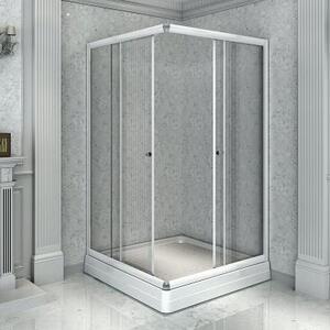 Душевой угол 90 (квадратный), стеклянные шторки (прозрачные), поддон на раме-подставке с устройством слива, профиль белый