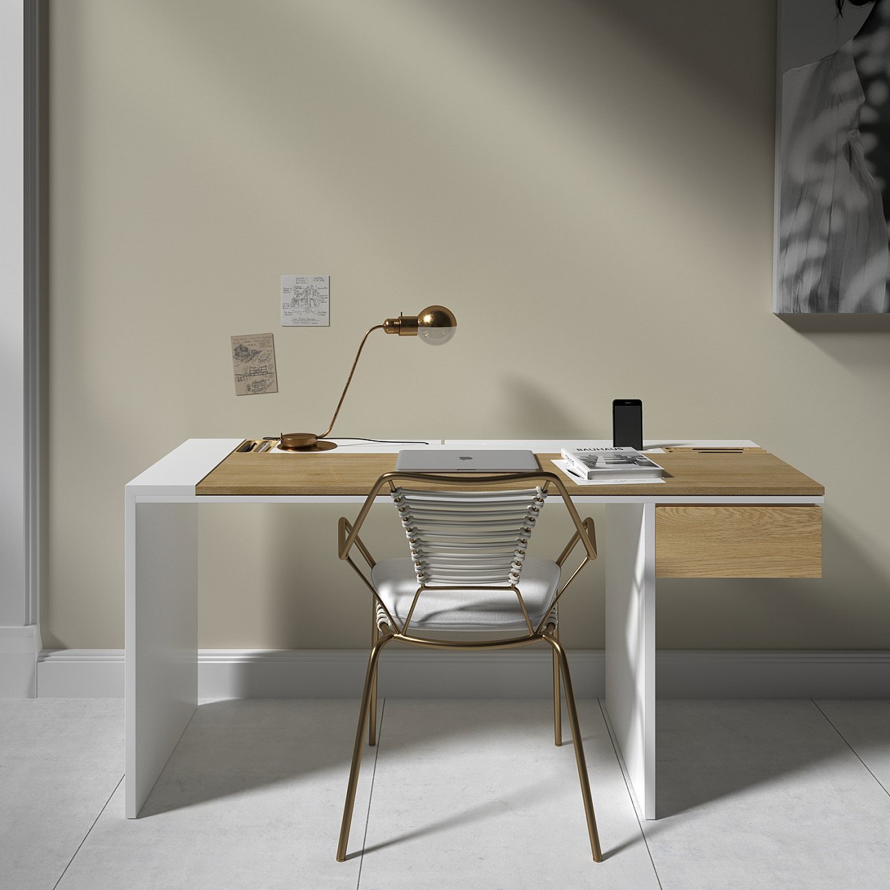 Письменный деревянный стол белый 160 см Mak BRAGIN DESIGN  00-3879404 Бежевый;белый  - Вид №1