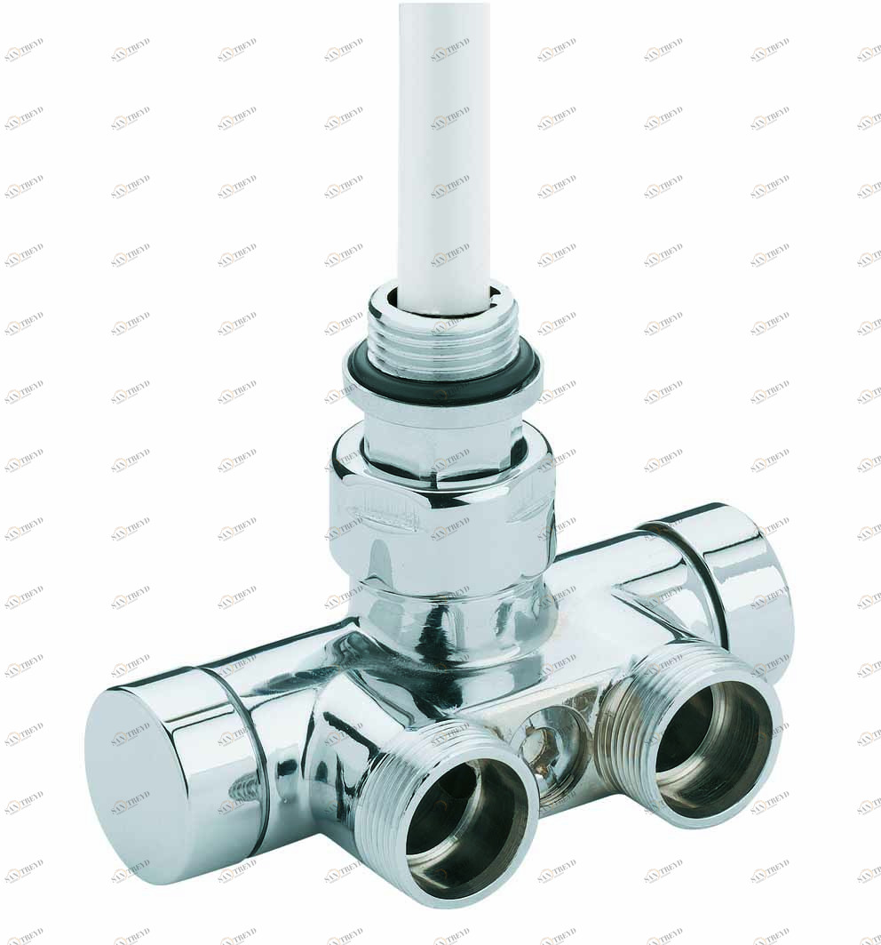 Carlo Poletti V87100J Клапан термостатический одно/двухтрубный с by-pass и держателем, центральное подсоединение. Версия прямая с подключением медной или пластиковой трубы. Межосевое расстояние 40 мм 