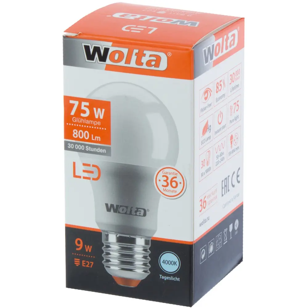 Лампа светодиодная Wolta шар E27 9 Вт 800 Лм свет тёплый белый STLM-2167385 - Вид №1