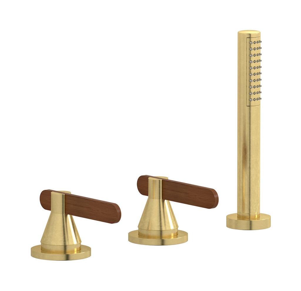 Смеситель на бортик ванной на 3 отверстия с изливом, дивертером и душевым гарнитуром. WE ARE IB ol312is Natural Brass Soho