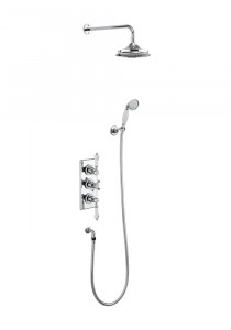 Burlington Термостатический скрытый душевой клапан с двойным выходом Trent, фиксированный душевой кронштейн, трубка и держатель со шлангом с розеткой с белым акцентом и 9-дюймовой розой TF3S-V17
