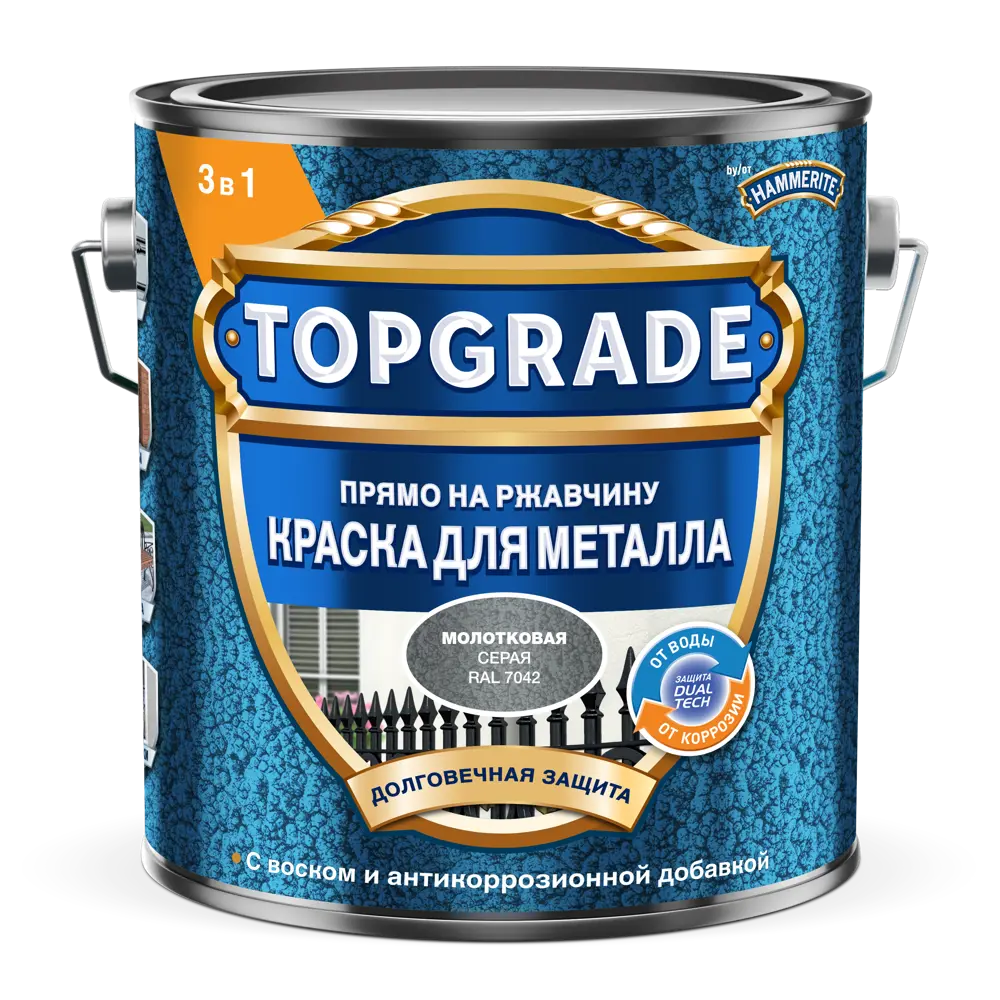 Грунт-эмаль по металлу 3 в 1 Topgrade молотковая цвет серый 2 л STLM-2180825 - Вид №1