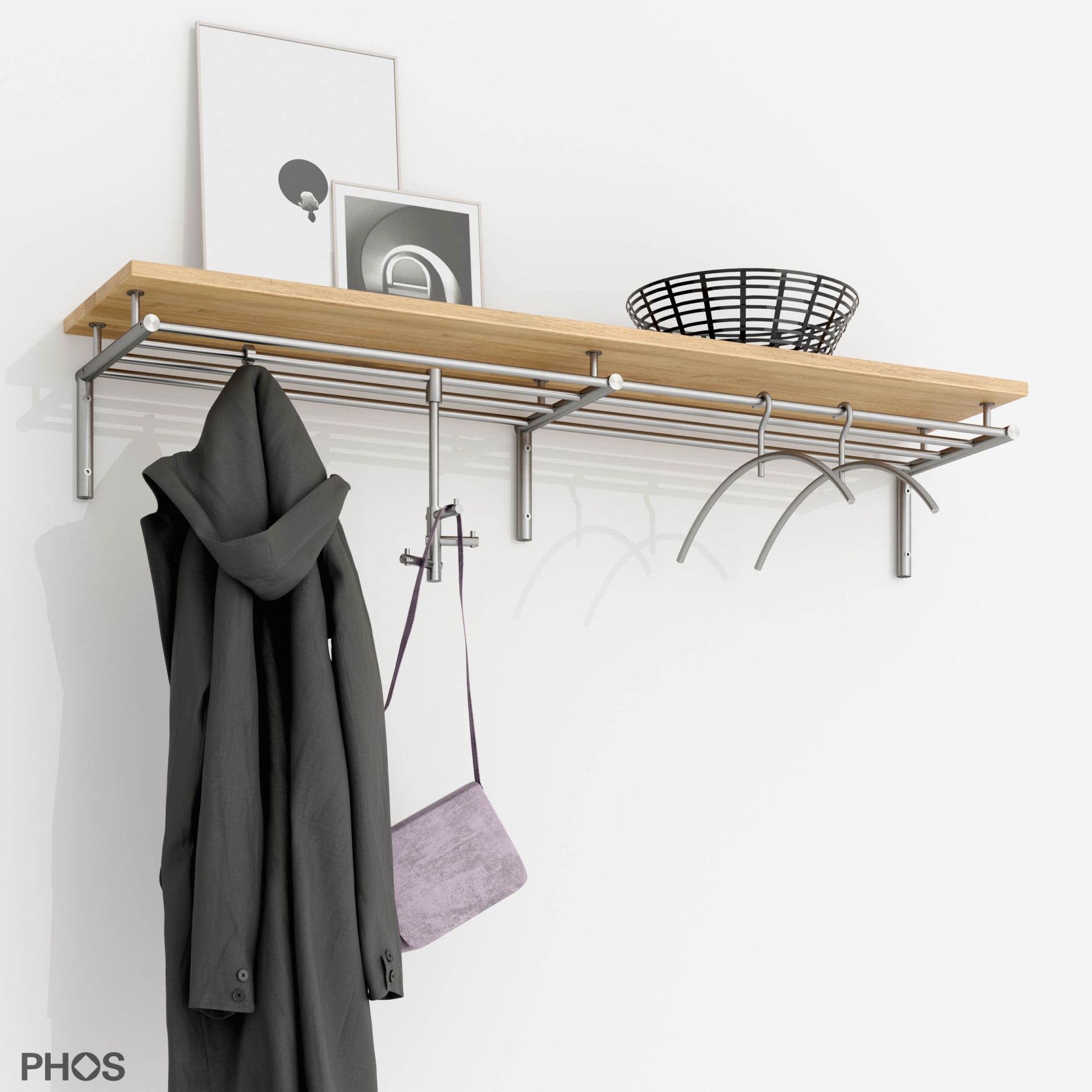 G15-1200-Eiche Навесной шкаф g15, широкий, с 4 платяными штангами и деревянной полкой из массива дуба - ширина 125 см PHOS 
