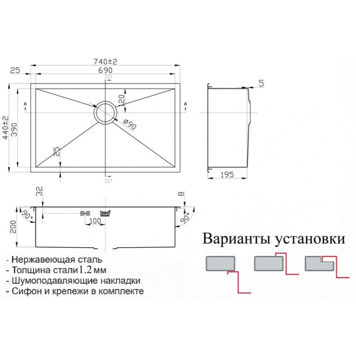Zorg X 7444 Мойка кухонная прямоугольная Zorg  - Вид №2