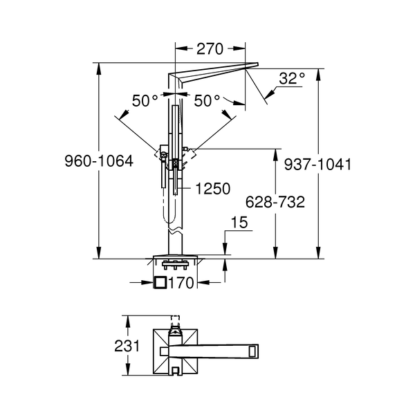 Смеситель для ванны GROHE Allure Brilliant с душевым гарнитуром, верхняя монтажная часть, напольный монтаж, хром (23119000) - Вид №1