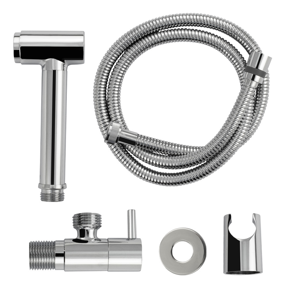 GFmark - Набор биде гигиенический, кнопочный (кран + лейка + шланг), хромированный, металлический, код: 2068  - Вид №3