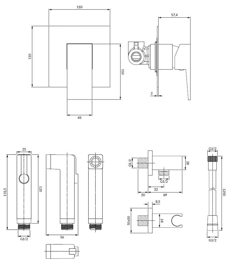 Настенный смеситель для биде с ручным душем OMNIRES Fresh ARCH-00097521 - Вид №2