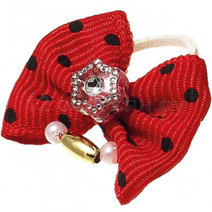 ПР0047671 Бантик (пара) красный в черн. горошек (камень звезда + бусинки) V.I.PET