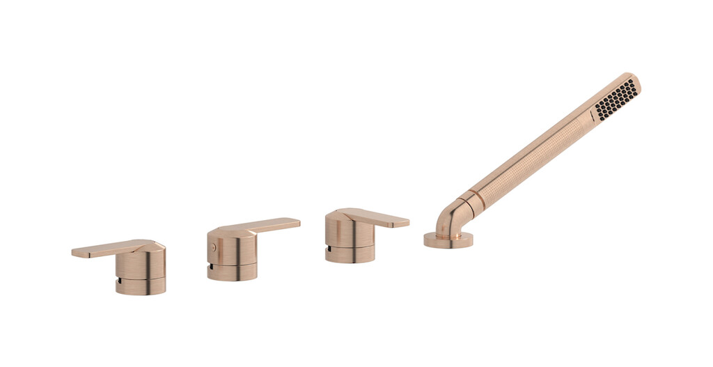 Смеситель на бортик ванной на 4 отверстия с изливом, дивертером и душевым гарнитуром. WE ARE IB c6397sr Brushed Rose Gold C-67