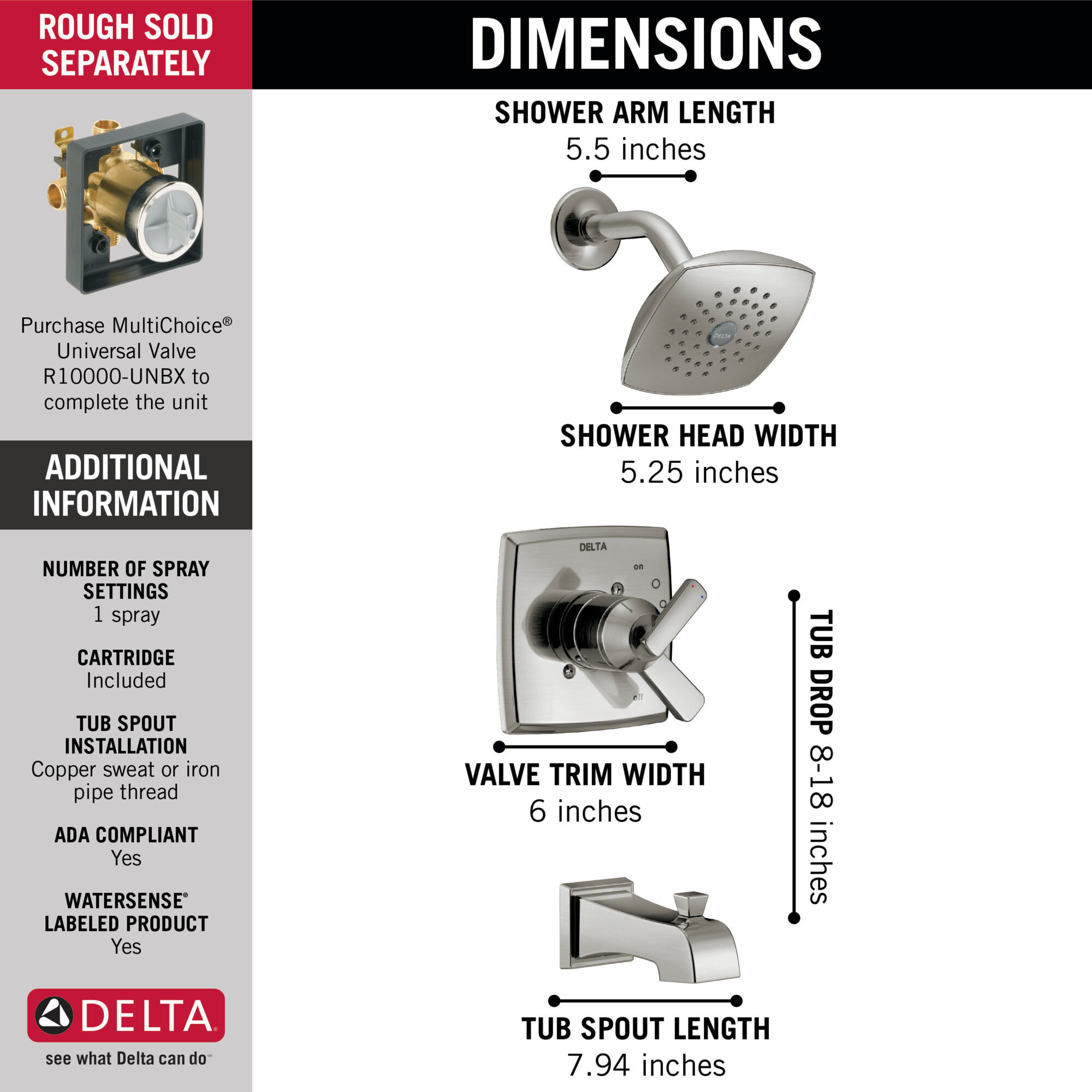 Для ванны и душа Monitor® 17 Series Delta Faucet T17464-SS - Вид №1