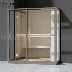 Effegibi LOGICA H LO30010011 Хаммам. Установка: в полунишу. Правая дверь. Мощность: 4,5 кВт макс. Размеры: длина 214 см, ширина 250 см. Отделка: матовый лакированный серый аллюминий и бежевый ламинат из керамогранита.
