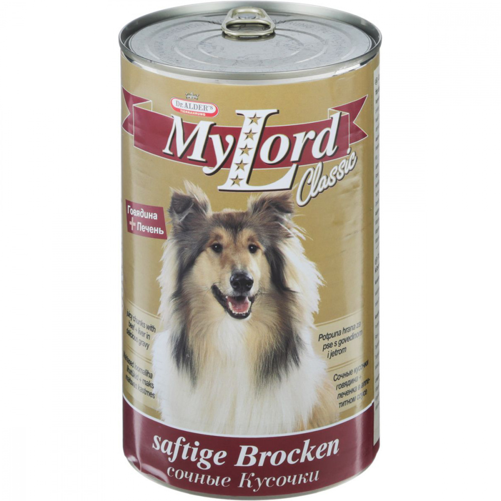 ПР0035369 Корм для собак Мой Лорд Классик кусочки в соусе Говядина, печень конс. 1230г Dr. ALDER`s 