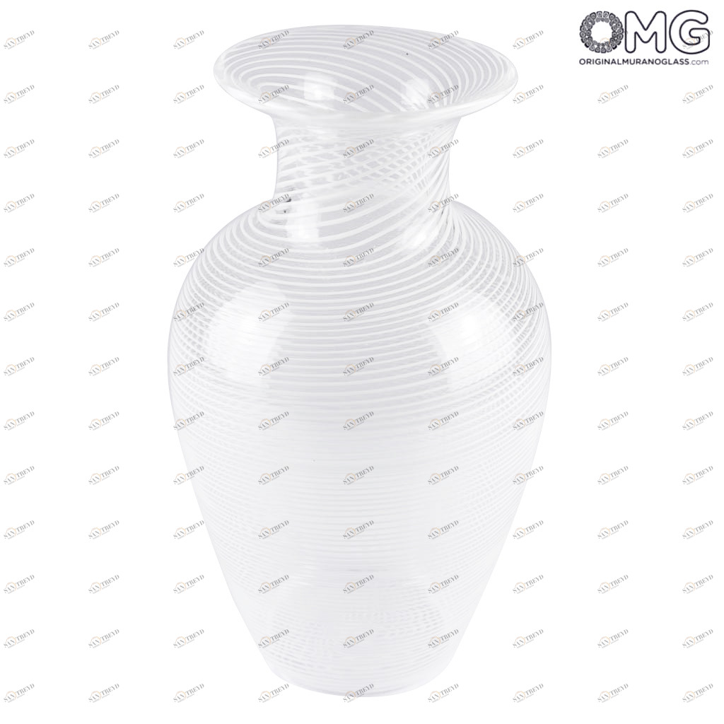 2450 ORIGINALMURANOGLASS Ваза прозрачная в белую полоску из муранского стекла - Original Murano Glass OMG 11 см 