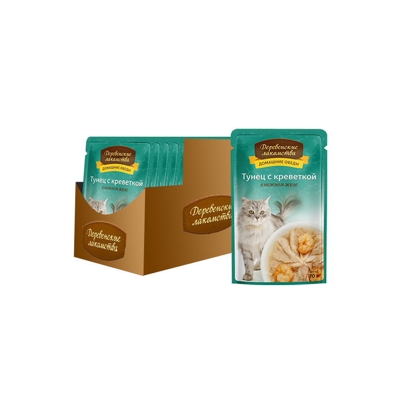 ПР0046895*12 Корм для кошек Тунец с креветкой в нежном желе пауч 70г (упаковка - 12 шт) ДЕРЕВЕНСКИЕ ЛАКОМСТВА 