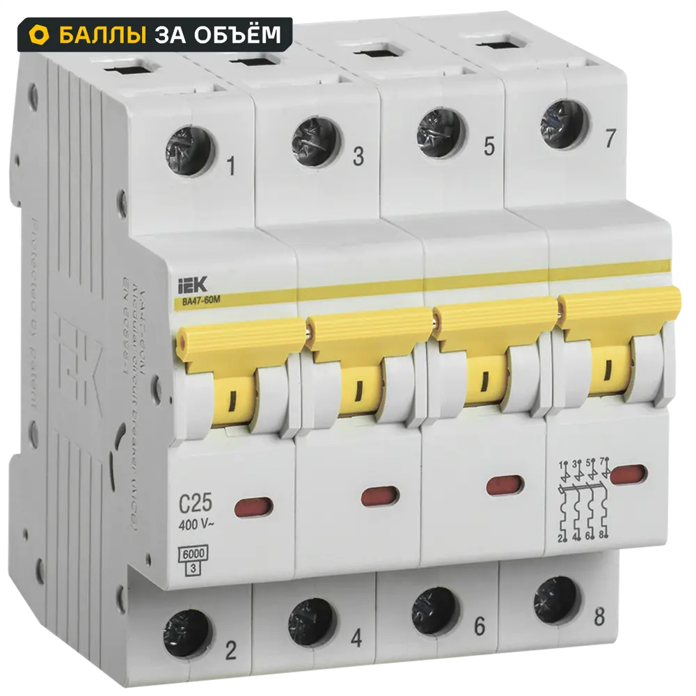 Автоматический выключатель IEK ВА47-60M 4Р C25 А 6 кА MVA31-3-025-C STLM-2083677