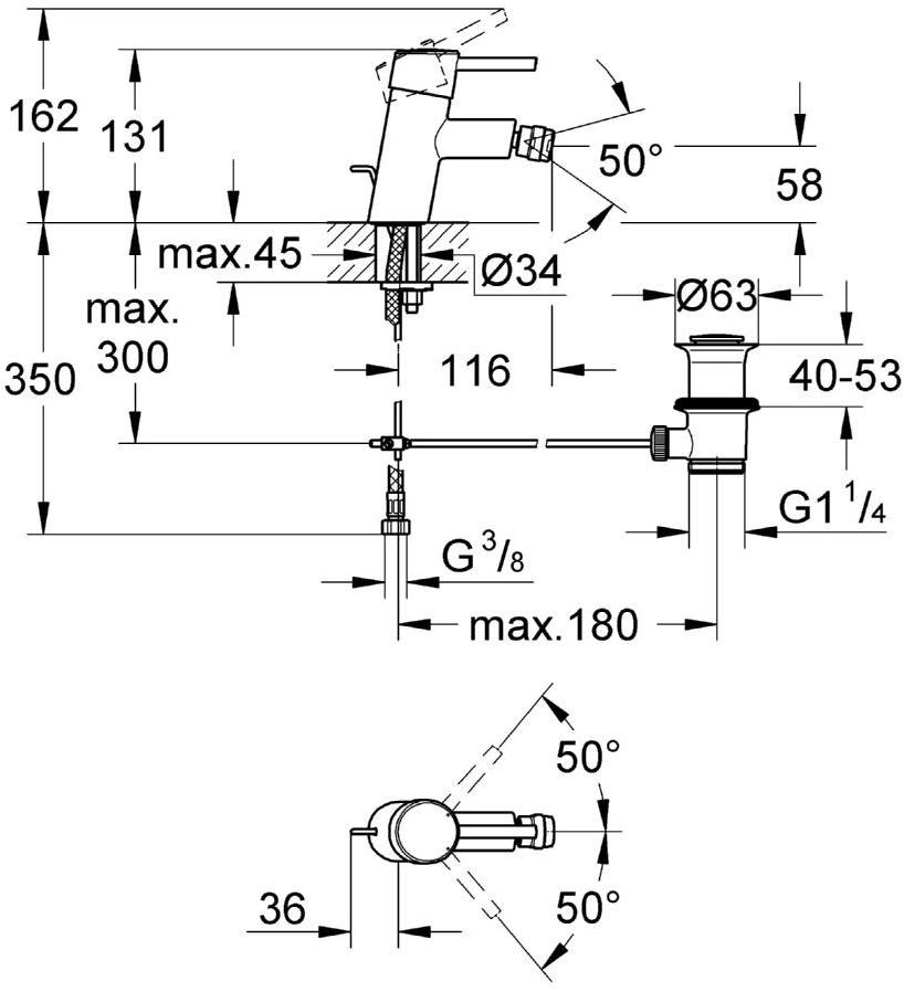 Смеситель для биде GROHE Concetto с донным клапаном, хром (32208001) - Вид №1