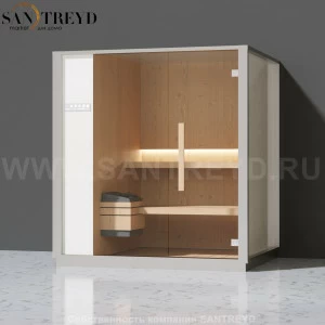 Effegibi ONE S LO50020002 Сауна. Установка: к стене. Левая дверь. Мощность: 6 кВт макс. Размеры: длина 214 см, ширина 171 см. Отделка: канадский хемлок, матовый лакированный серый аллюминий и бежевый ламинат из керамогранита.