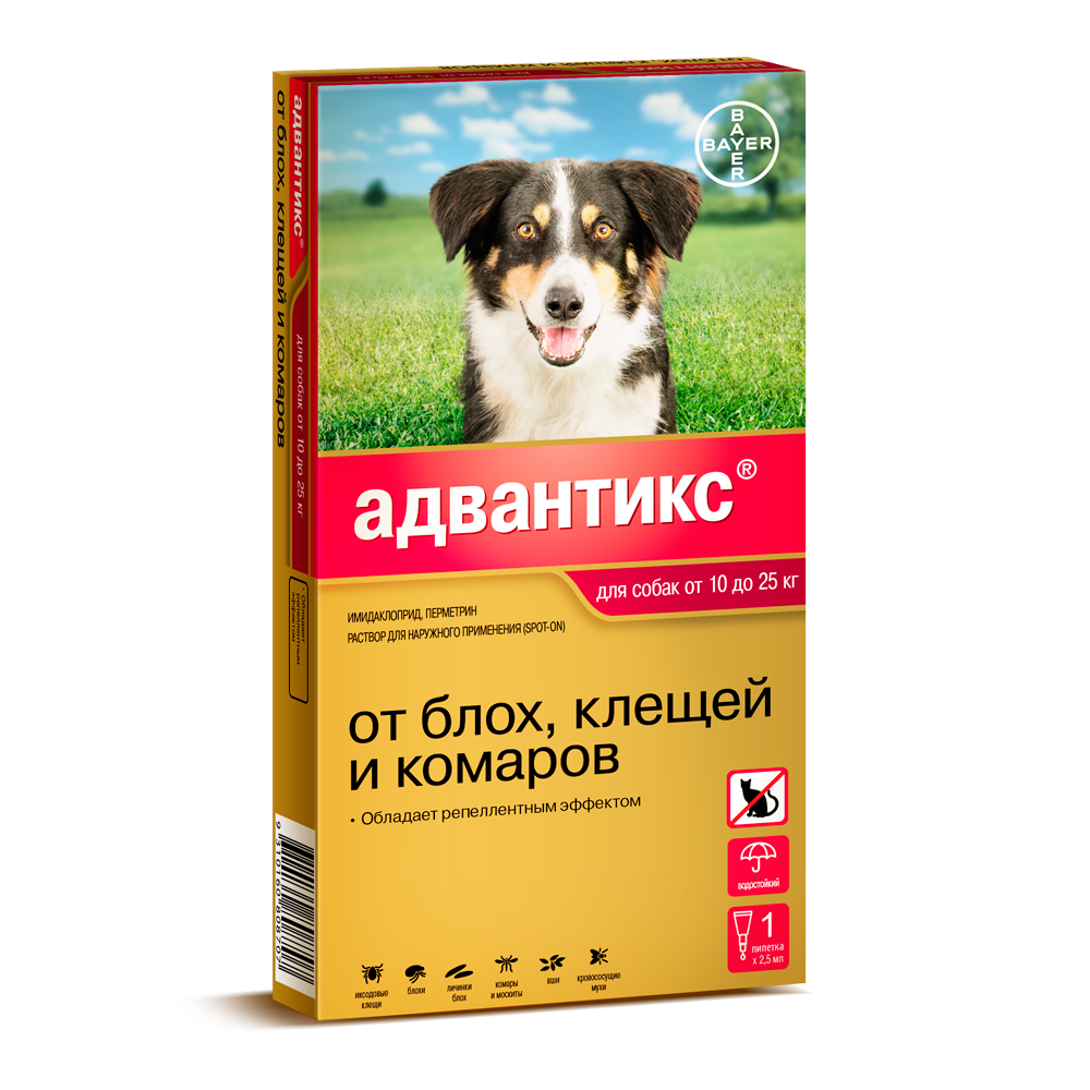 Т00000475 Капли для собак BAYER АДВАНТИКС от блох, клещей и комаров 250 (10-25кг веса) 1 пипетка в упак. Elanco 