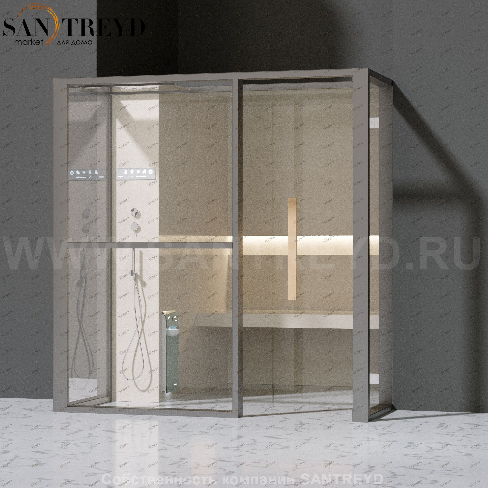 Effegibi LOGICAFILO H LO31010012 Хаммам. Установка: в полунишу. Левая дверь. Мощность: 4,5 кВт макс. Размеры: длина 214 см, ширина 250 см. Отделка: матовый лакированный серый аллюминий и бежевый ламинат из керамогранита.