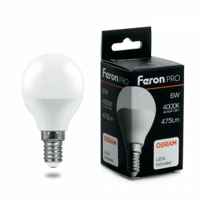 Лампа светодиодная Feron.PRO "Шарик" E14 7.5W 6400K OSRAM LED LB-1407 38073 FERON  00-3956749 Матовый