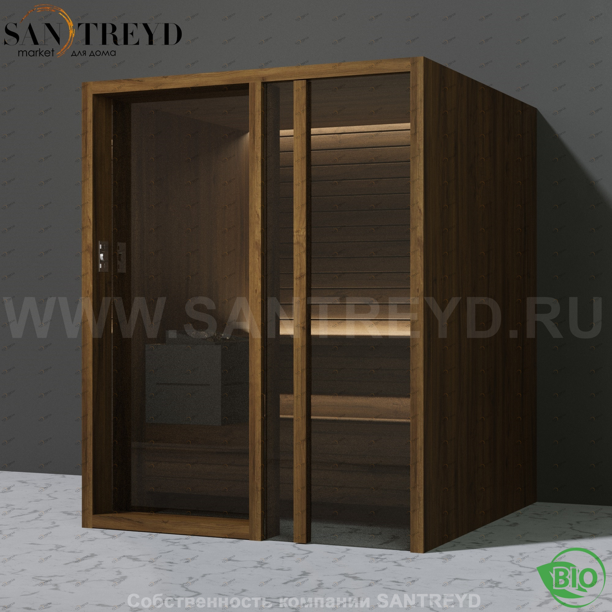 Effegibi YOKU.G60 BI.70300013 Био-сауна с правой дверью. Мощность: 6 кВт макс. Размеры: длина 174 см, ширина 170 см. Отделка: чёрный орех BI70300013