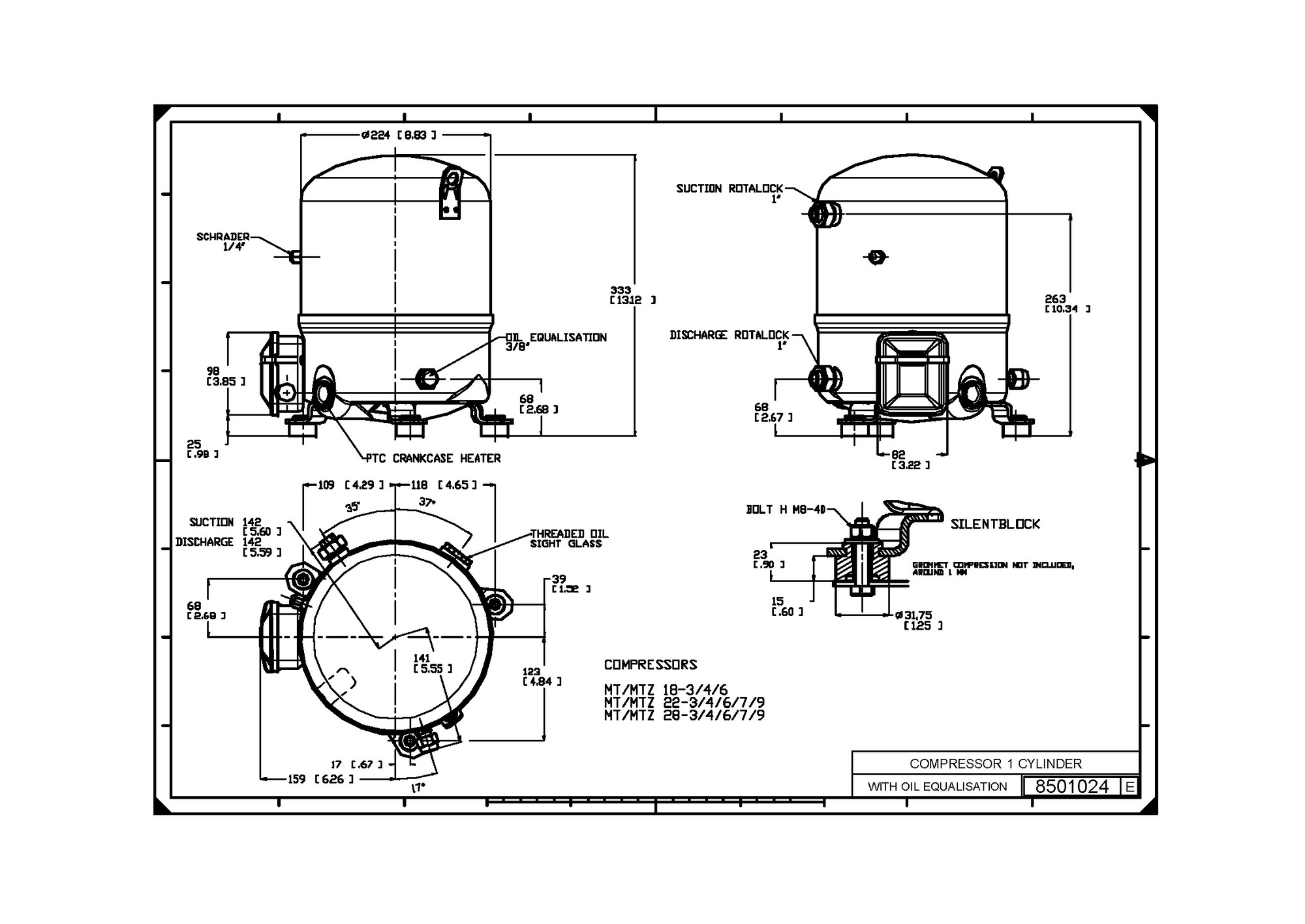 Danfoss MT/MTZ — Герметичные поршневые компрессоры MT80-4V Компрессор MT80-4VI  - Вид №12