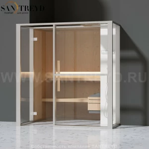 Effegibi LOGICAFILO S LO21020011 Сауна. Установка: в полунишу. Правая дверь. Мощность: 6 кВт макс. Размеры: длина 214 см, ширина 250 см. Отделка: канадский хемлок, матовый лакированный белый аллюминий и серый ламинат из керамогранита.