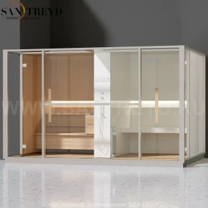 Effegibi LOGICA LO10020004 Комбинированная баня: хаммам и сауна. Установка: в левый  полуугол. Мощность: 10,5 кВт макс. Размеры: длина 373 см, ширина 250 см. Отделка: канадский хемлок, матовый лакированный белый аллюминий и серый ламинат из керамогранита.