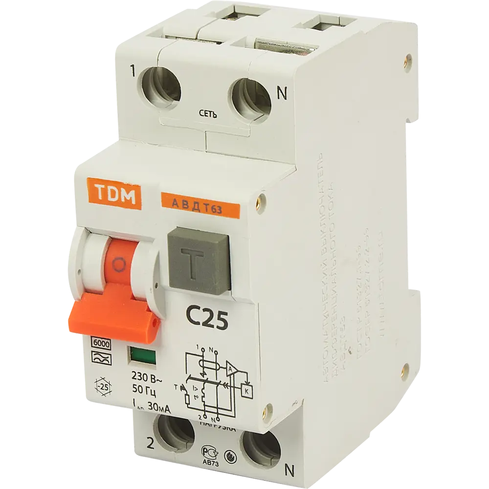 Дифференциальный автомат TDM Electric АВДТ63 1Р N 25А с защитой от утечек 84399420 STLM-1105253