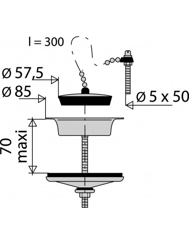 377500 000 00  Заглушка для мойки с сообщающимися баками Д. 60 мм, цепной стопор, нержавеющая сталь Valentin Сталь  - Вид №2