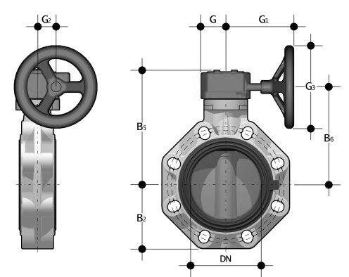 SANIT 852750210722253 Универсальная промышленная / Химико-конец дроссельный клапан FK, PVC-U, механическая коробка передач  - Вид №1