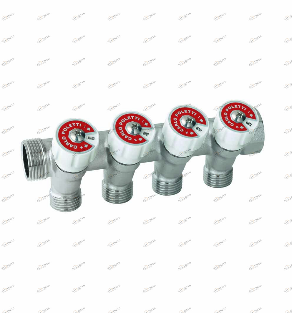 Carlo Poletti C52401QBI35 Коллектор сборный, с регулировочным клапаном. Ручка белая с идентификационными пластинками красный/синий. 4 ответвления, межосевое расстояние 35 мм 