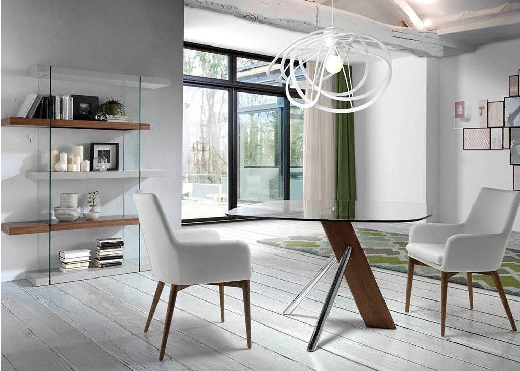 Обеденный стол стеклянный с асимметричной ножкой 120 см F2170 от Angel Cerda ANGEL CERDA  150190 Коричневый;прозрачный  - Вид №1