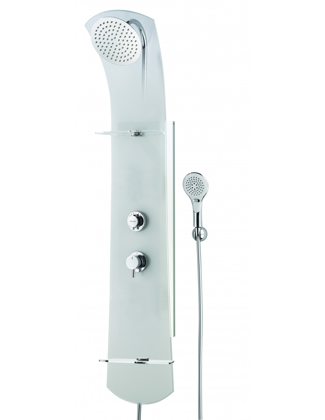 499003 408 00  Душевая стойка Nautilus с полками для хранения, термостатический смеситель, белое стекло Valentin Белый 