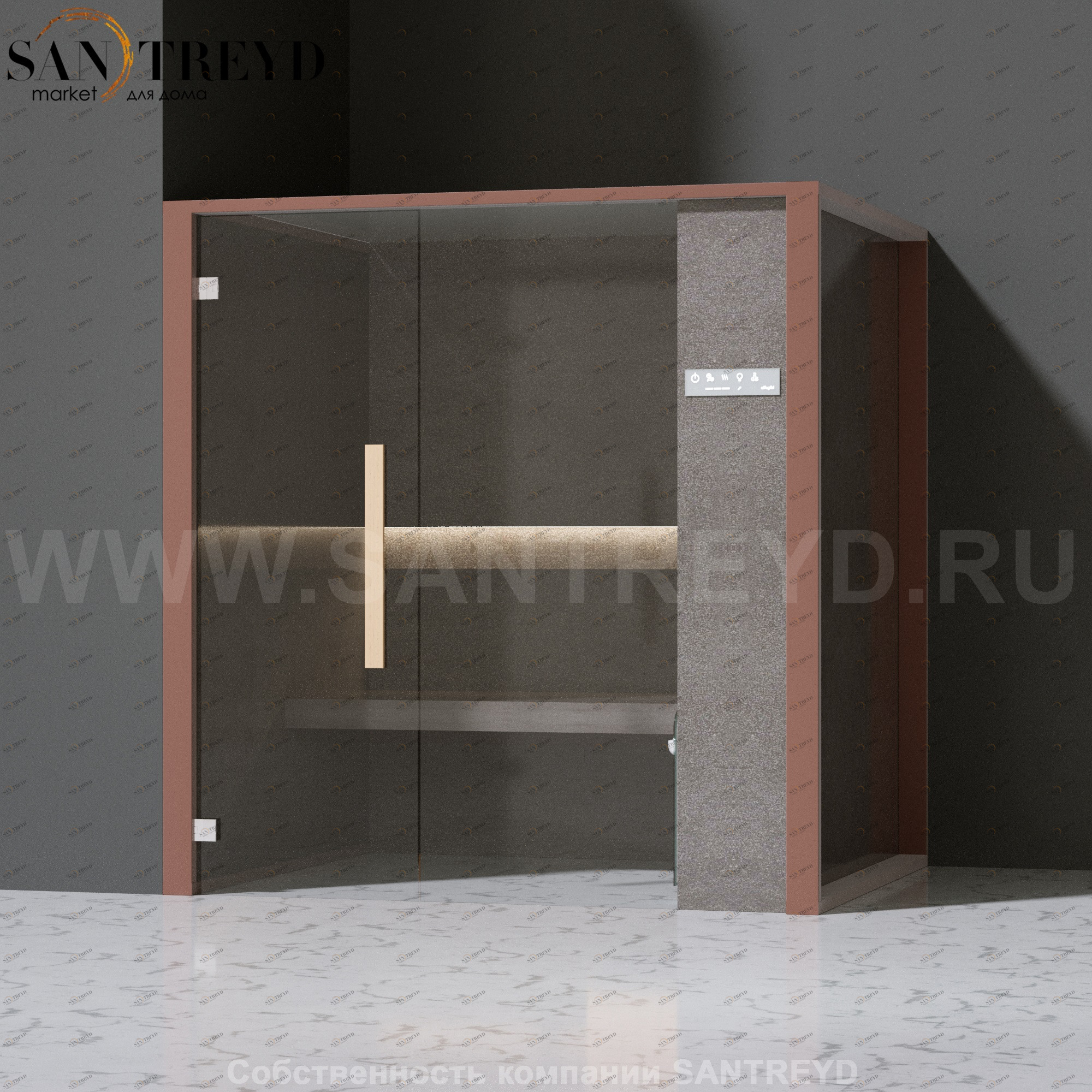 Effegibi ONEFILO H LO61030005 Хаммам. Установка: в левый угол. Правая дверь. Мощность: 4,5 кВт макс. Размеры: длина 214 см, ширина 171 см. Отделка: матовый лакированный коричневый аллюминий и темный ламинат из керамогранита.