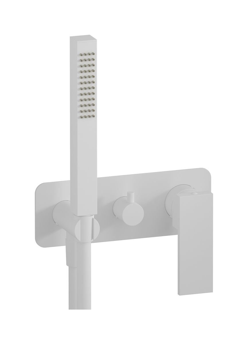 Внешние части встроенного в стену смесителя на 3 потребителя в комплекте с душевым гарнитуром. WE ARE IB ru314bo Matt White Rubacuori 