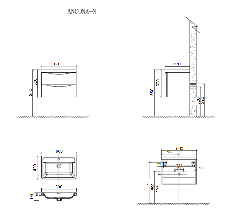 Мебель для ванной BelBagno ANCONA-N-600-2C-SO-TL  - Вид №3