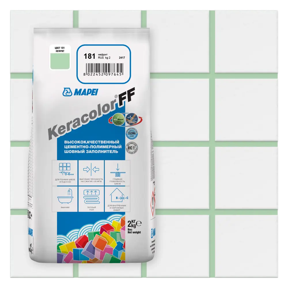 Затирка цементная MAPEI Keracolor FF для плитки и мозаики, цвет нефрит 2 кг 81981446 STLM-0016536