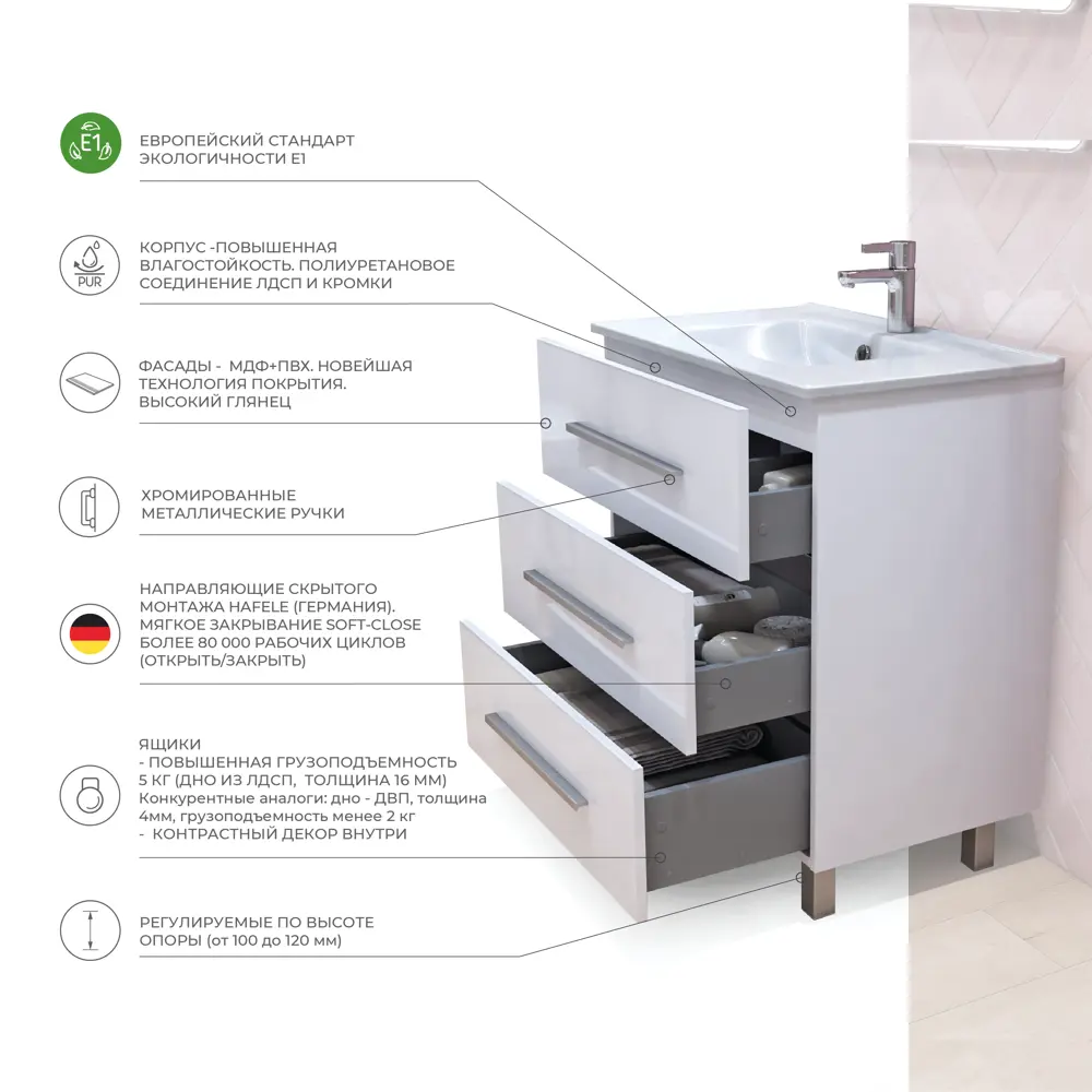 Тумба под раковину напольная Vigo Yuma 75 см цвет белый STLM-2060166 - Вид №3